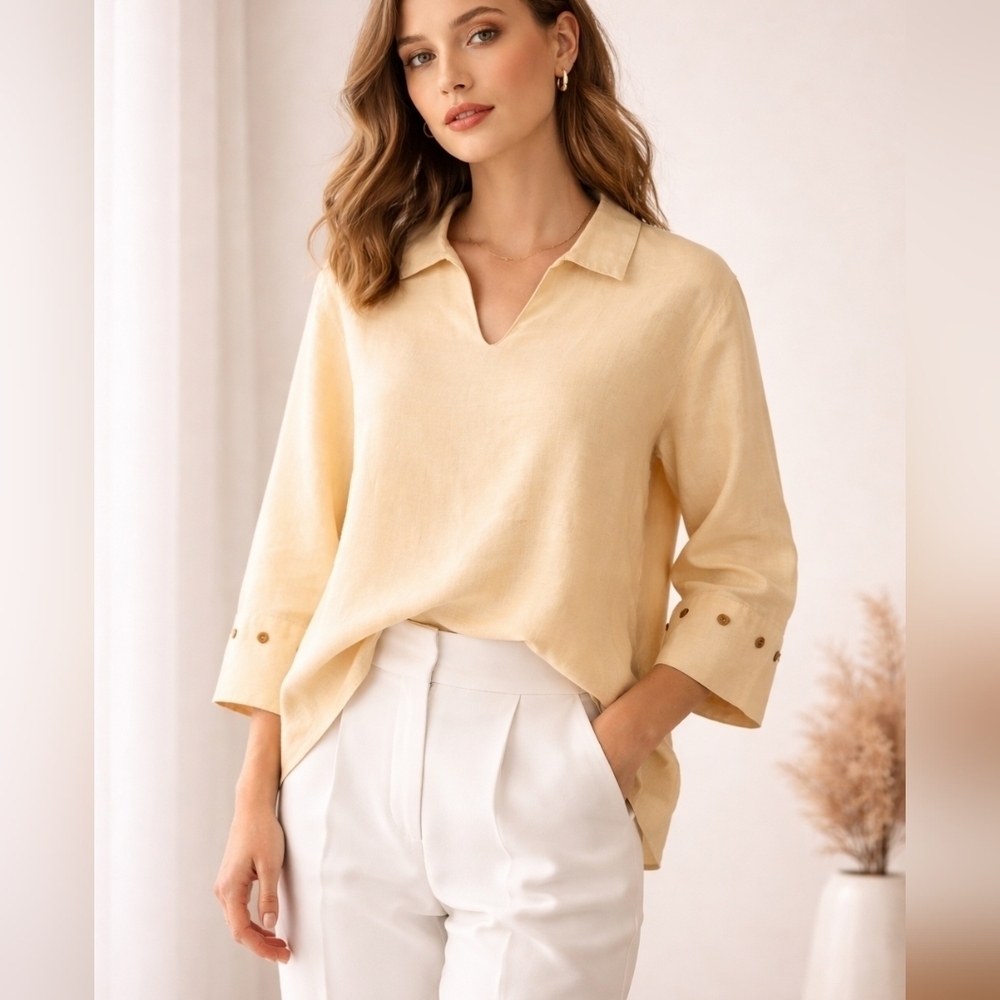 J. Jill 100% Linen Button Cuff Collared Pullover Top Butter Yellow Size Medium
